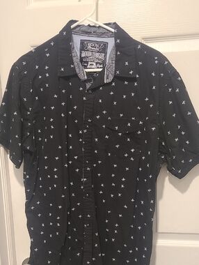 Black Short-Sleeve Button-Up Shirt with White Micro Print
